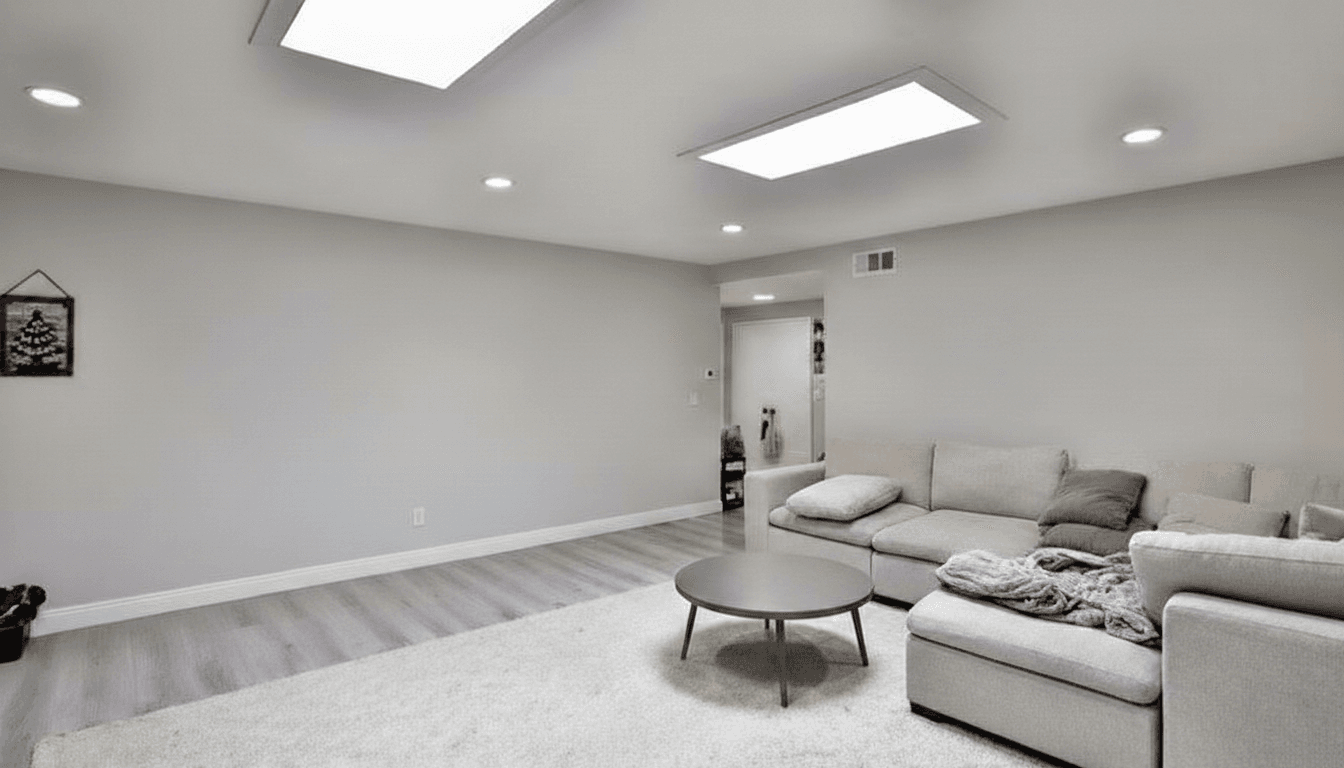 Spacious living room with skylights and luxury vinyl plank flooring