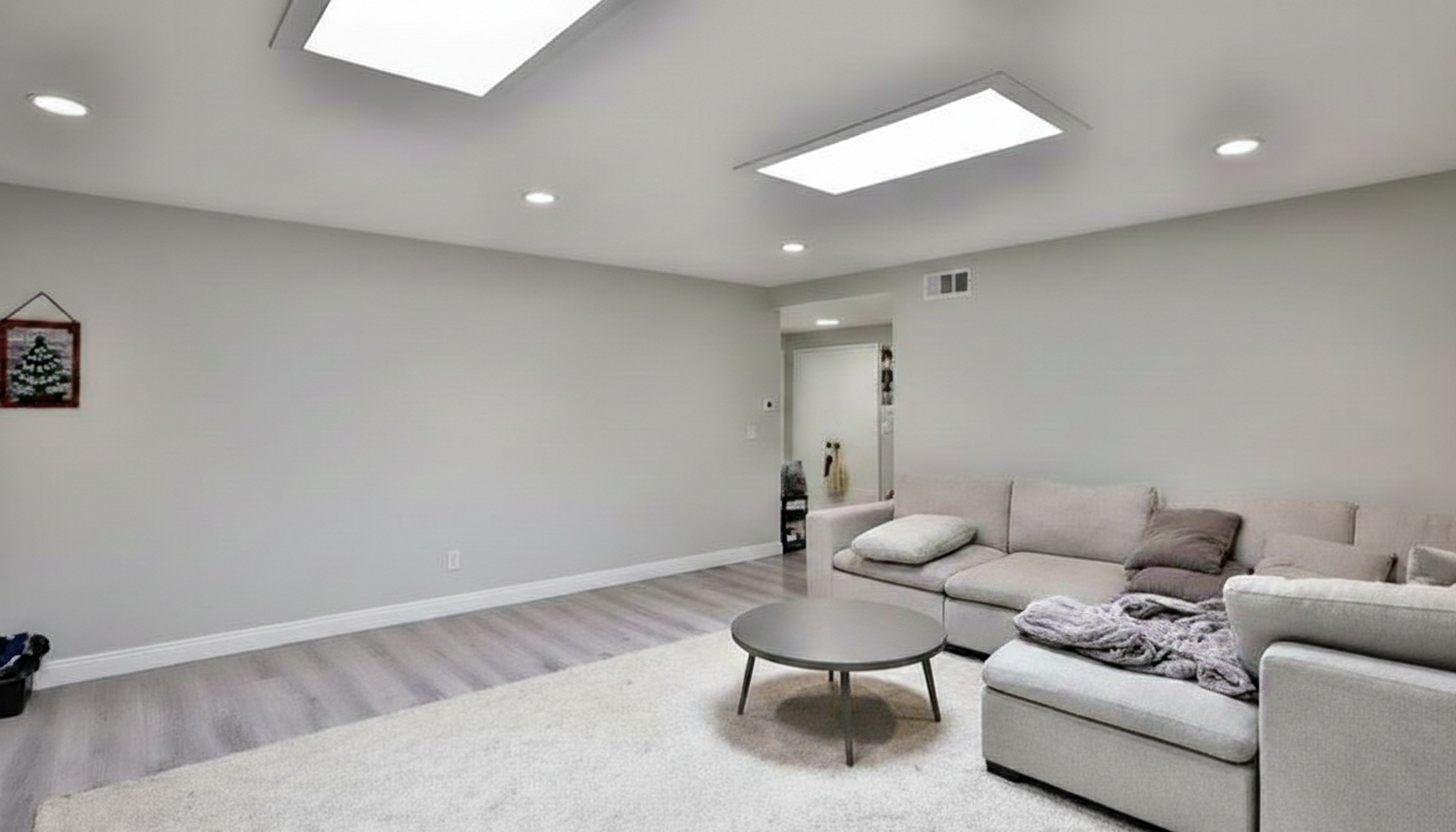 Spacious living room with skylights and luxury vinyl plank flooring